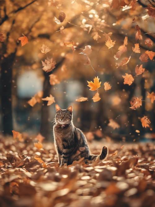 An autumn evening in a cat playground, filled with fallen leaves and felines.
