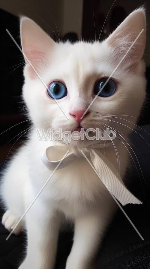 Chú mèo con màu trắng dễ thương với đôi mắt xanh và chiếc nơ