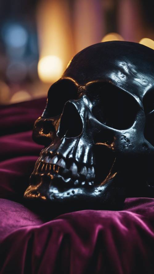 A black skull resting on a velvet cushion captured at twilight.