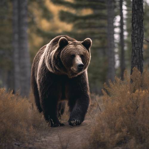 Seekor beruang grizzly kotak-kotak gelap berkeliaran di hutan belantara.