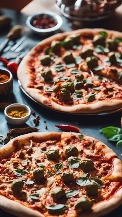 Pizza gurih yang terinspirasi oleh rempah-rempah India di meja makan tradisional India.
