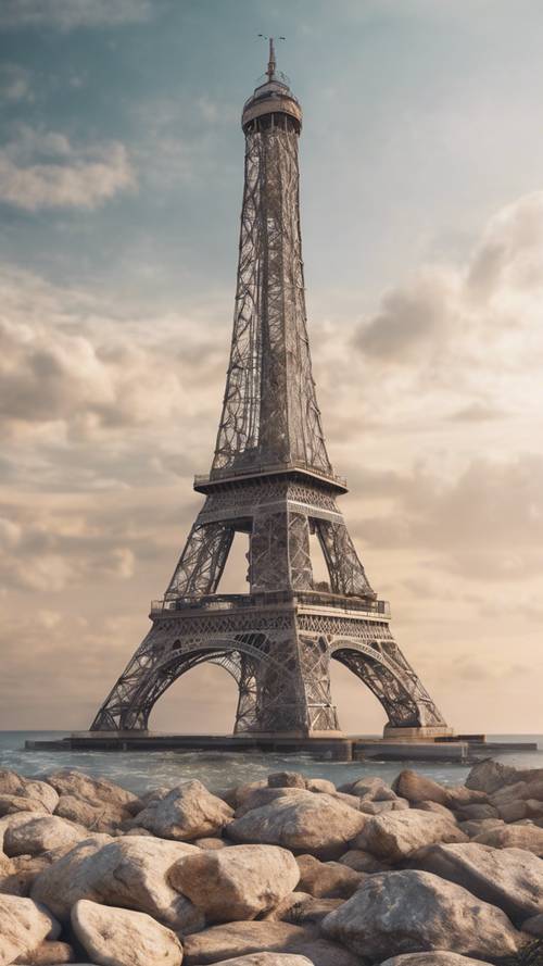 Eiffel Tower reinvented as an iconic lighthouse on a rocky coast.