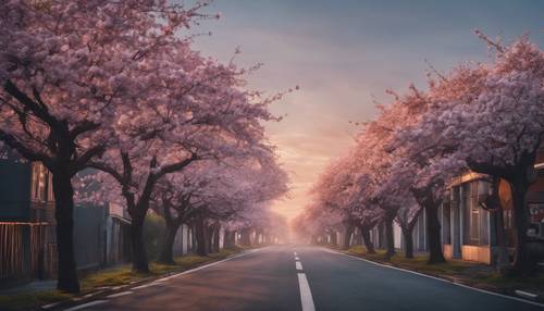 Темные вишневые деревья в полном цвету возвышаются над пустой улицей на рассвете.