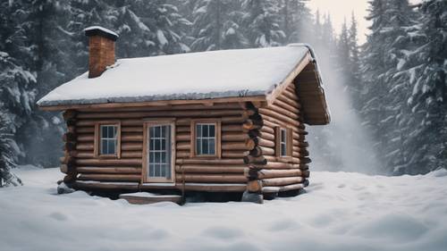 Mała chatka z bali w śnieżnym krajobrazie z dymem unoszącym się z komina. Tapeta [5456973a89e94070b25d]
