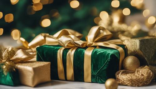 Une photo sur le thème de Noël de cadeaux soigneusement emballés dans du velours vert avec des rubans dorés.