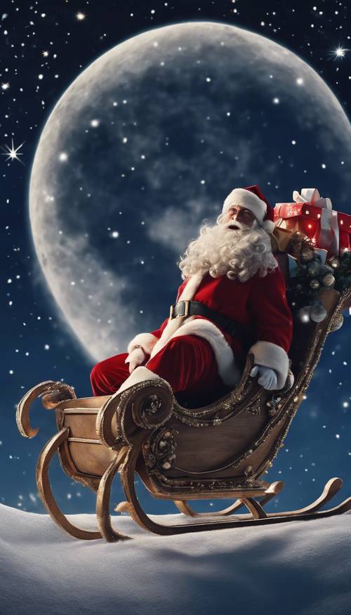 Le Père Noël vole dans le ciel nocturne dans son traîneau chargé de cadeaux, sous la pleine lune.