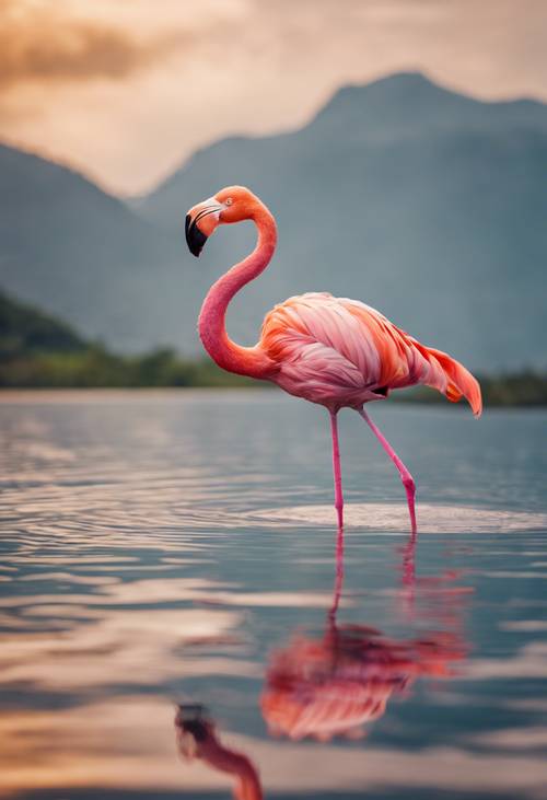 Um flamingo extravagante em pleno vôo sobre um amplo lago ondulado com uma cordilheira ao fundo.