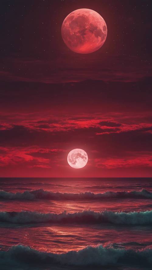 一轮血月隐约出现在地平线，在轻轻翻滚的海浪上投射出诡异的深红色光芒，呈现出一幅超现实的海洋景象。