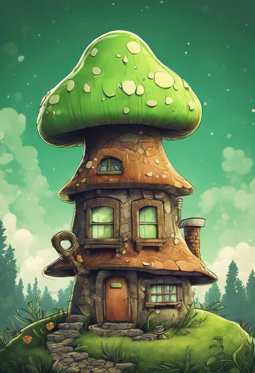 Un simpatico disegno cartoon di una casa di funghi verde, incluso un camino fumante.