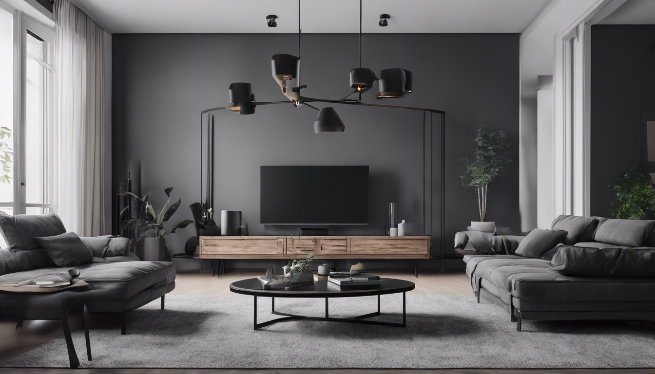 A modern, minimalist living room with black furniture and gray walls