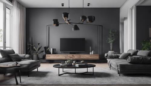 A modern, minimalist living room with black furniture and gray walls".