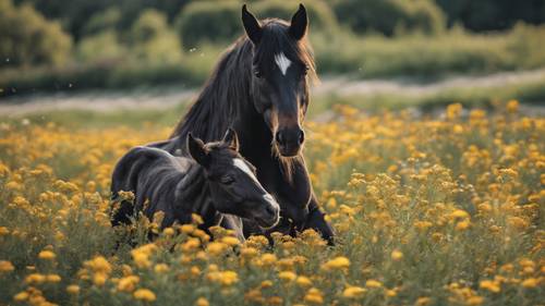 一只黑色的小马驹和它的妈妈在一片鲜花盛开的田野里玩耍。