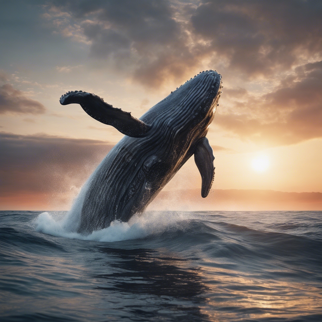 A massive, dark gray whale breaching the ocean surface at sunrise. Tapeta[93b3263deb7c421f8407]