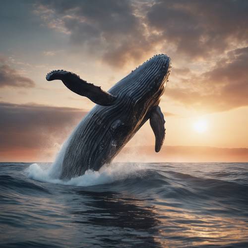 A massive, dark gray whale breaching the ocean surface at sunrise.