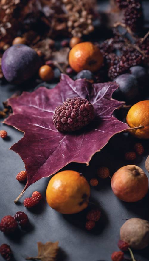 Una natura morta con una foglia viola come elemento centrale, circondata da frutti autunnali terrosi.