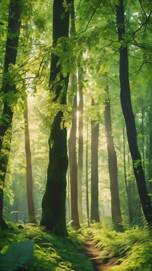 A peaceful forest scene with towering trees, fresh and vibrant emerald leaves shimmering in the soft morning sunlight. Tapeta [29976cb579a348b59d74]