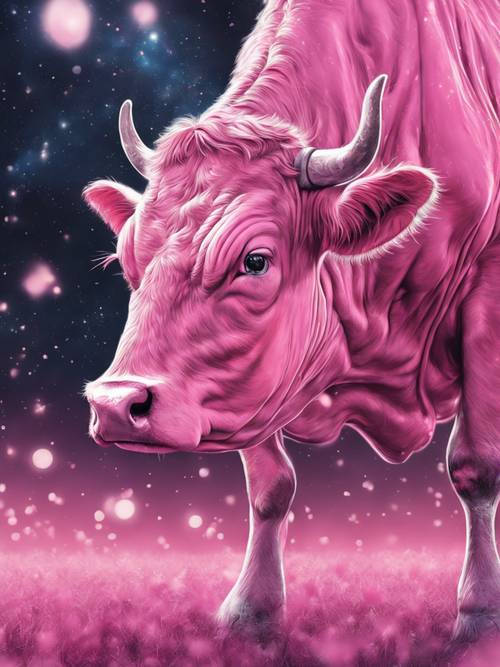 Bản vẽ chi tiết theo phong cách anime về một con bò màu hồng trong vũ trụ giả tưởng.