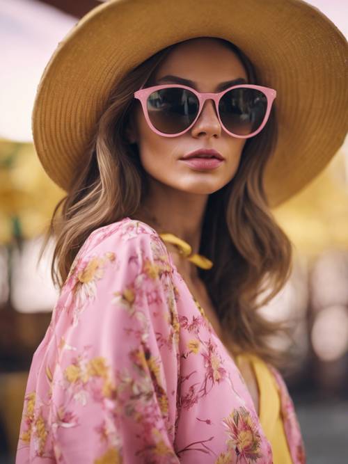 시크한 핑크색과 노란색 여름 드레스를 입고 플로피 모자와 선글라스를 착용한 세련된 여성입니다.