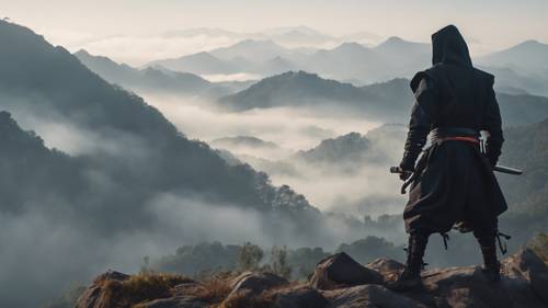A sight of a young ninja practicing in solitude atop a foggy mountain.
