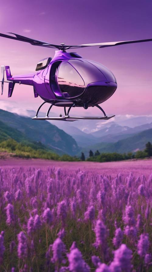 Un hélicoptère futuriste et élégant survolant une vaste prairie luxuriante, flanquée de montagnes cristallines sous un ciel violet.
