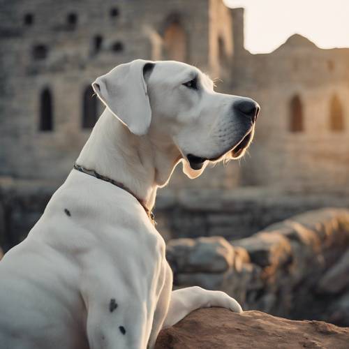 كلب دانماركي أبيض عظيم يحرس قلعة قديمة عند بزوغ الفجر. ورق الجدران [40dd87f8bd7e4811bd23]