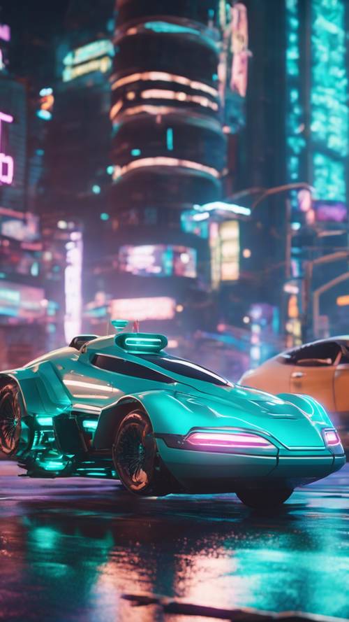 Game balap futuristik yang menampilkan hovercraft licin berwarna biru kehijauan yang melintasi lanskap kota neon.