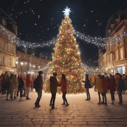Anello di giovani personaggi in stile anime che ballano allegramente attorno a un gigantesco albero di Natale nella piazza della città.