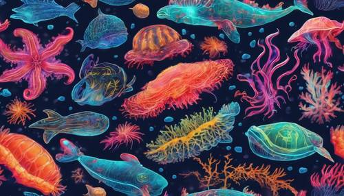 Collage of neon sea creatures deep under the ocean surface. Tapet [df7bf86d086e46dfa113]