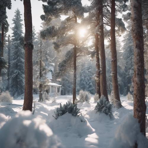 Uma romântica e luxuosa paisagem de inverno francesa cercada por pinheiros cobertos de neve.