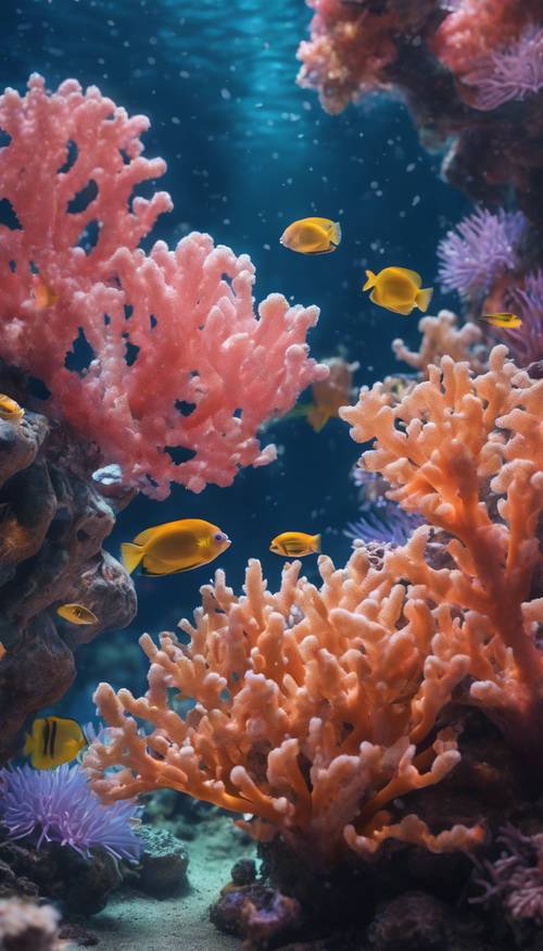 Una escena submarina de ensueño con flores de coral fluorescentes y peces tropicales.