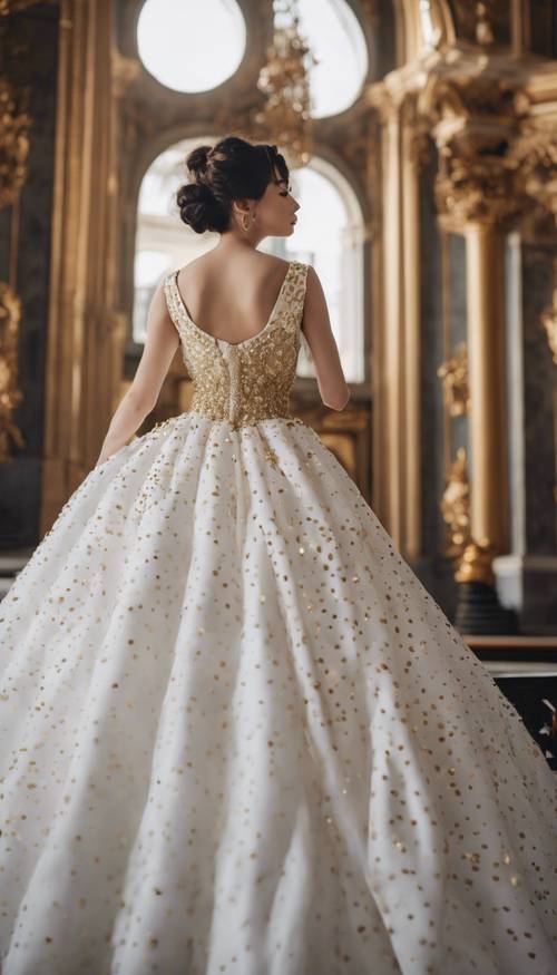 Une robe de bal blanche avec de subtils ornements à pois dorés dans un décor de palais royal.