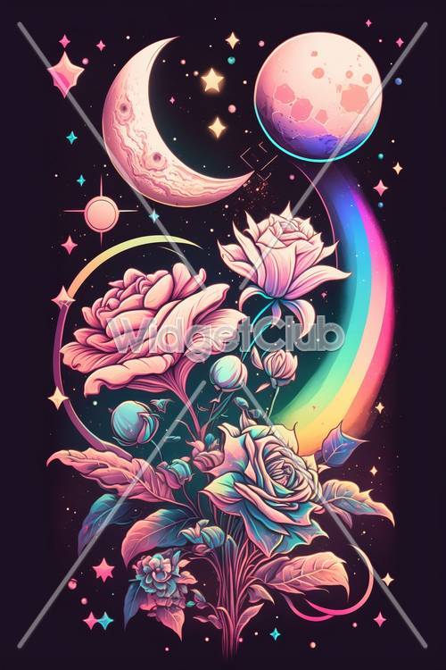 Colorful Space Garden with Flowers and Planets