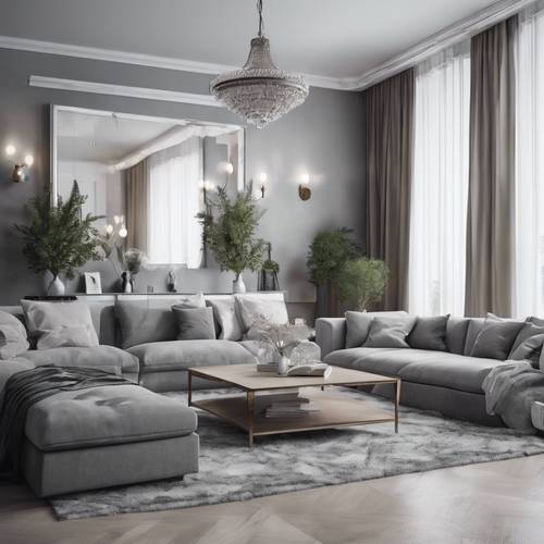 Ein elegantes Wohnzimmer, dekoriert mit einer Kombination aus Grautönen und Weißtönen.