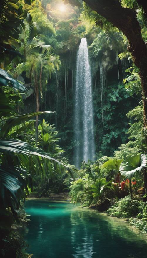 An exotic valley with vibrant, tropical plants and a sparkling waterfall.