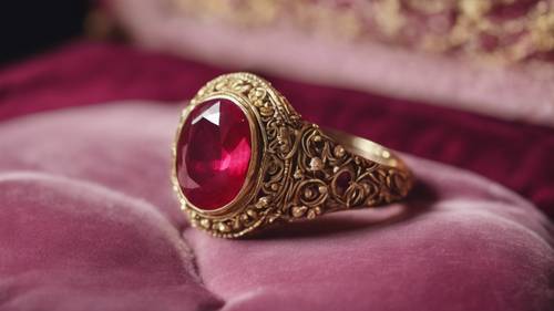 An antique ruby and gold ring on a velvet cushion