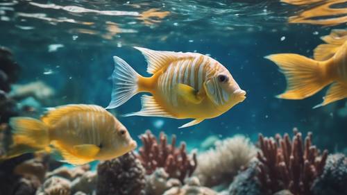 Dunia laut berwarna-warni diamati dari sudut pandang bawah air, dengan kutipan ajaib berenang di antara ikan.