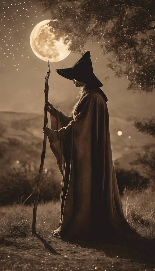 망토를 입은 마녀가 보름달 아래 조용히 주문을 시전하는 빈티지 세피아 이미지입니다.