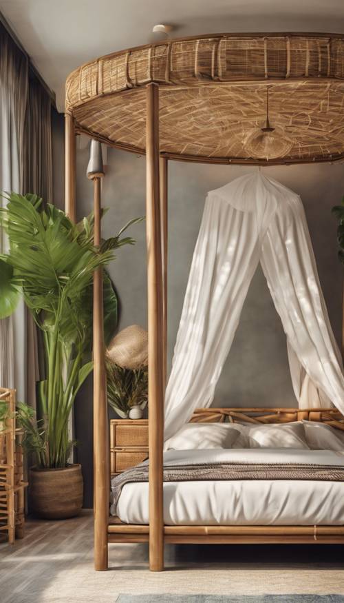Gustownie urządzona nowoczesna tropikalna sypialnia z łóżkiem z baldachimem i bambusowymi meblami.