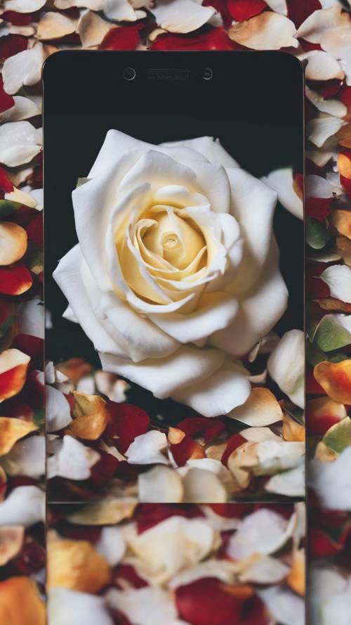 Un petalo di rosa bianca caduto sul negativo di un selfie colorato che ricorda i vecchi tempi.