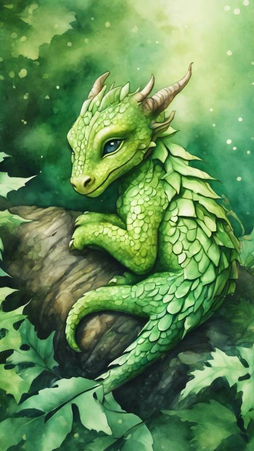 A watercolor painting of a cute baby dragon sleeping in an emerald forest.