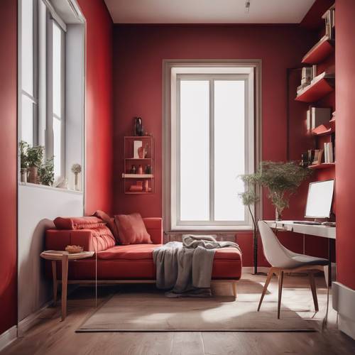 Quarto minimalista com paredes vermelhas e móveis modernos.