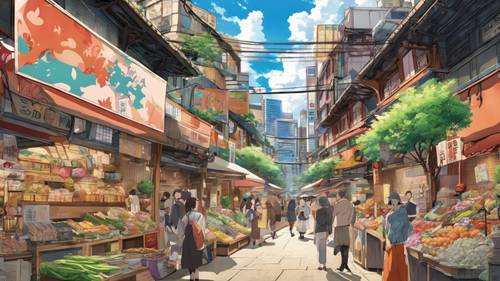 東京の中心部にある活気あふれるマーケットプレイスの素晴らしいアニメ風景