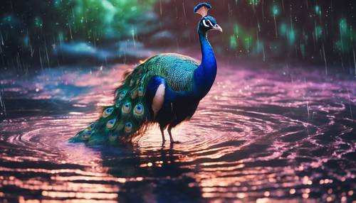A surreal scene of a peacock wading in a glowing bioluminescent pool at midnight.