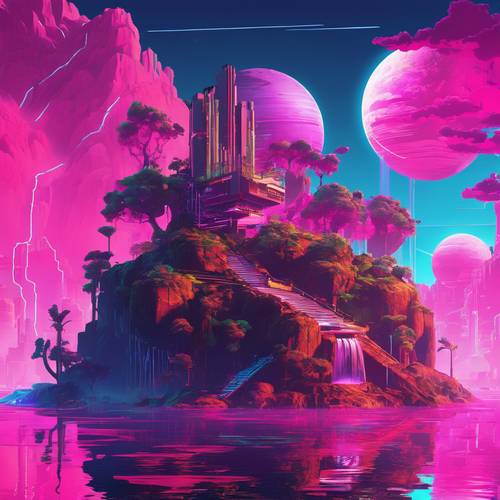 Un paysage de réalité virtuelle avec des îles flottantes et des cascades pixélisées.