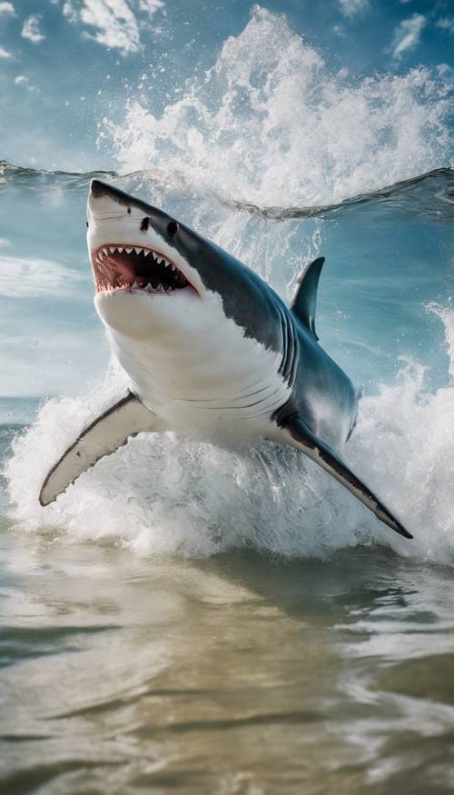 A big great white shark jumping out of the crystal clear ocean to catch its prey in the bright sunlight.