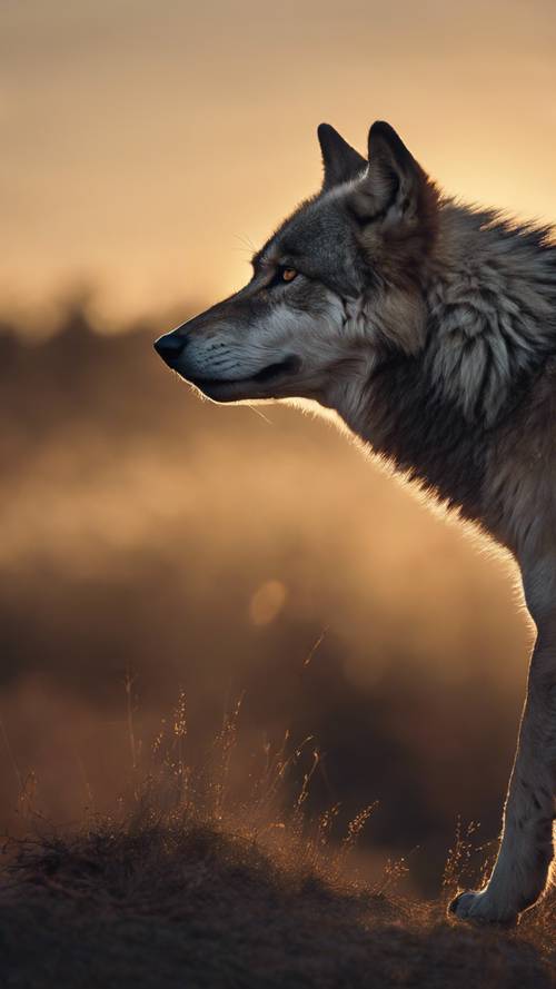 Il profilo stagliato di un lupo, il sole al tramonto che proietta un&#39;ombra sfalsata, in piedi nell&#39;immobilità di un tranquillo crepuscolo.