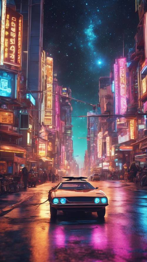 Ruas retrô-futuristas da cidade repletas de carros flutuantes em cores neon sob um céu noturno estrelado.
