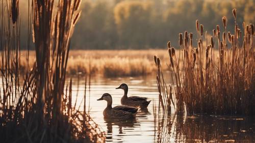 Eine Entenfamilie sonnt sich in der Wärme der Morgensonne am Rande eines unberührten Sees, umgeben von hohen Rohrkolben.