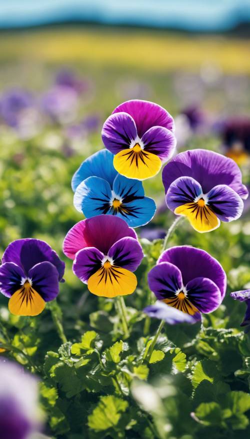 A rainbow-coloured pansy in a vibrant summer meadow under a bright blue sky.