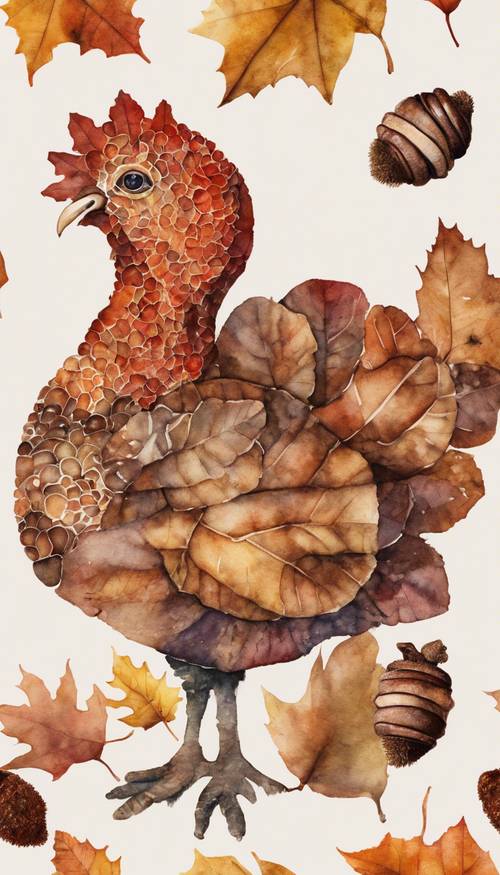 Delicate watercolor of fall leaves and acorns arranged in the shape of a turkey.